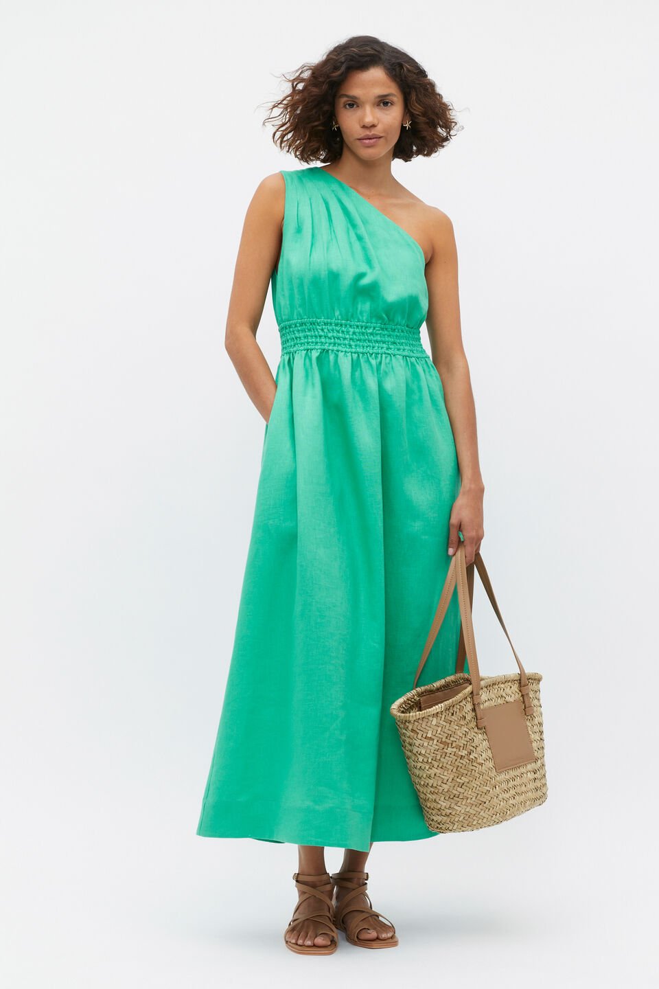 Linen One Shoulder Maxi Dress  Deep Emerald