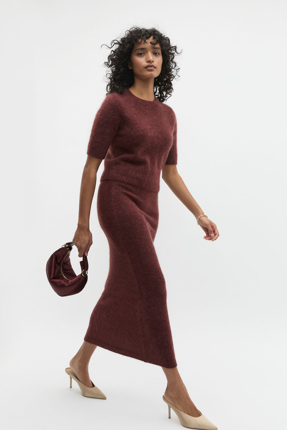 Fluffy Knit Midi Skirt  Merlot