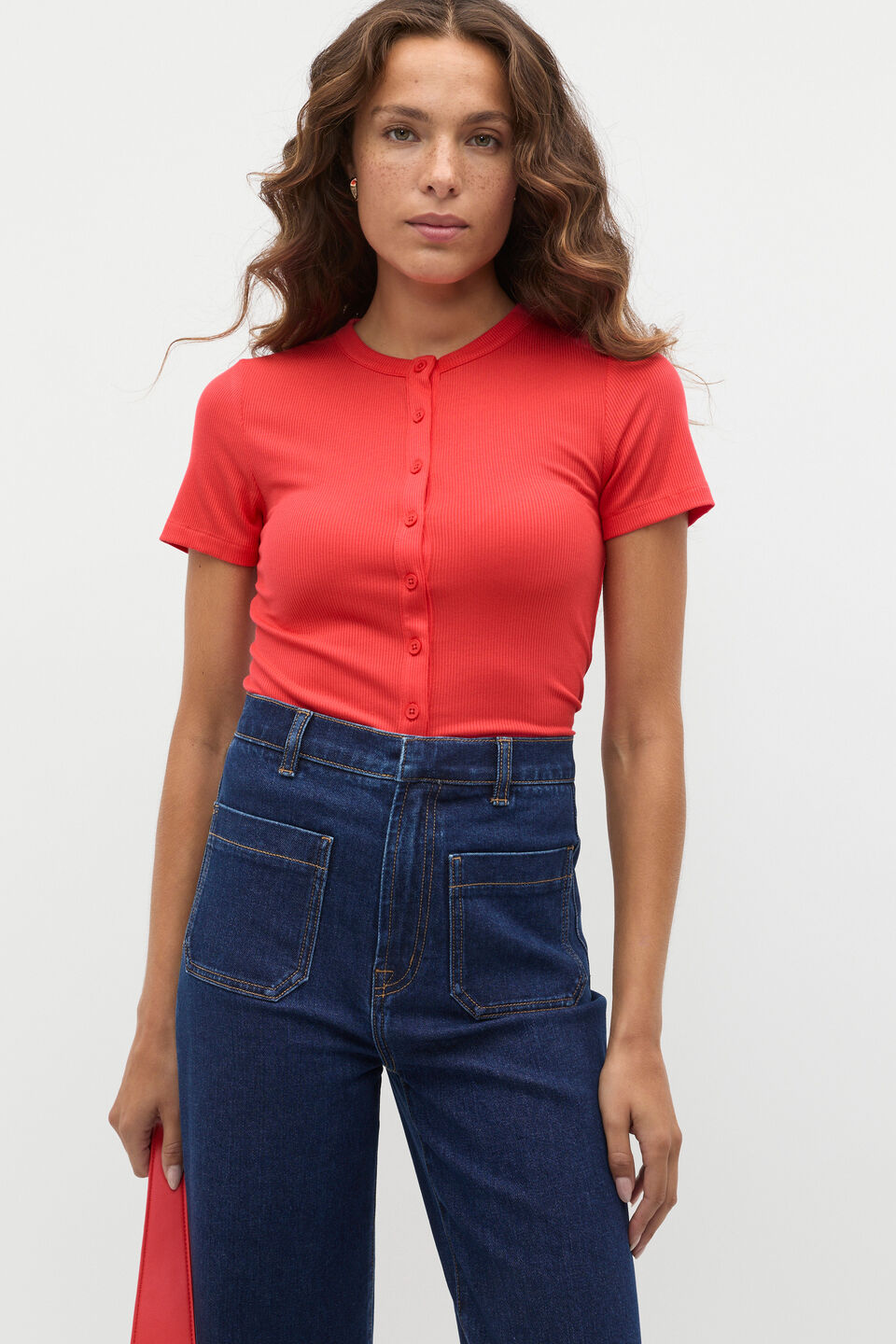 Rib Button Through Top  Electric Crimson