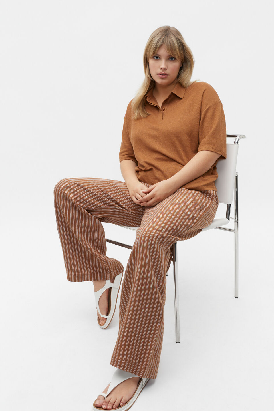 Core Linen Wide Leg Tie Pant  Cinnamon Spice Stripe