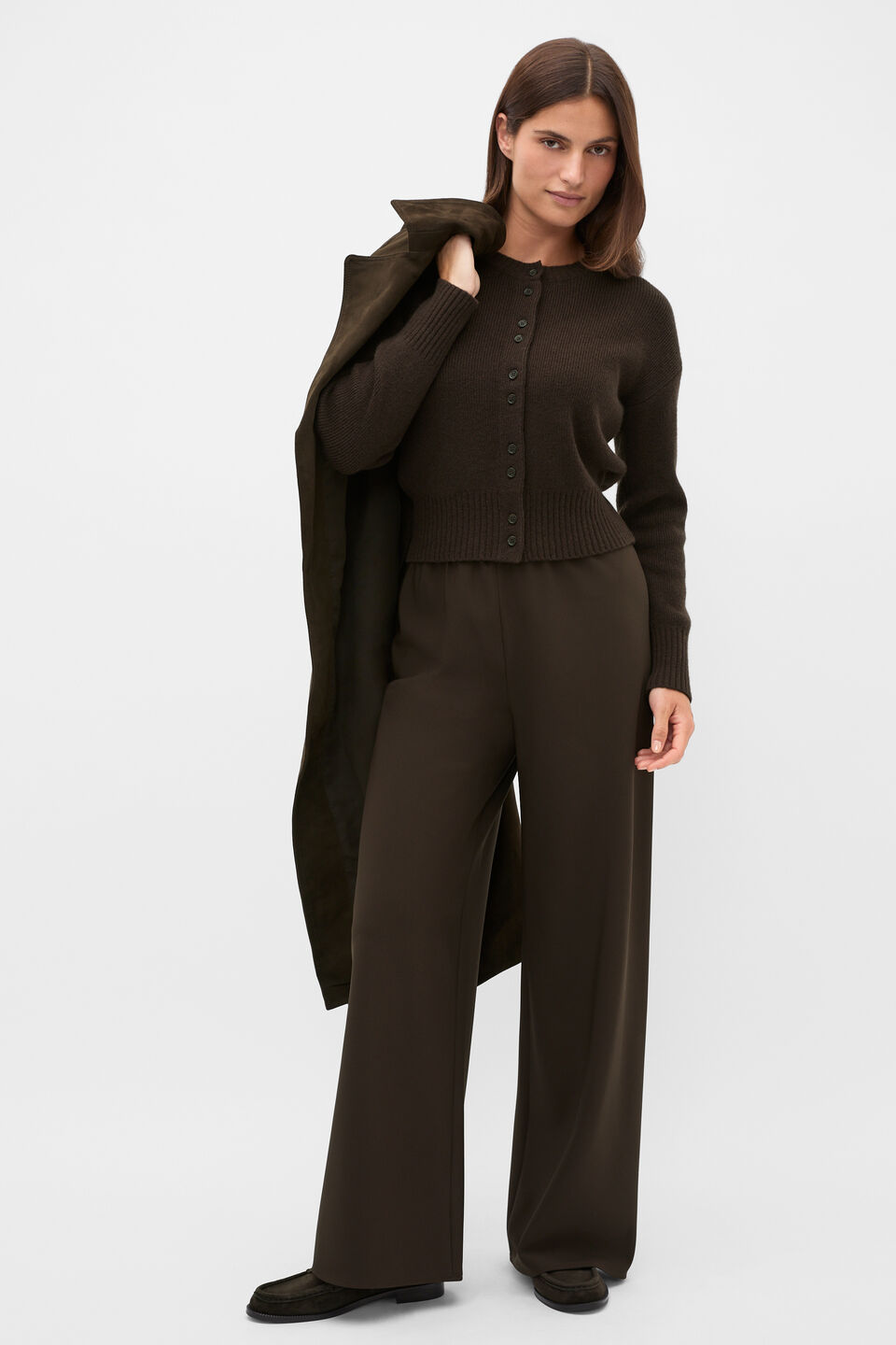 Merino Button Up Knit Cardigan  Coffee Bean