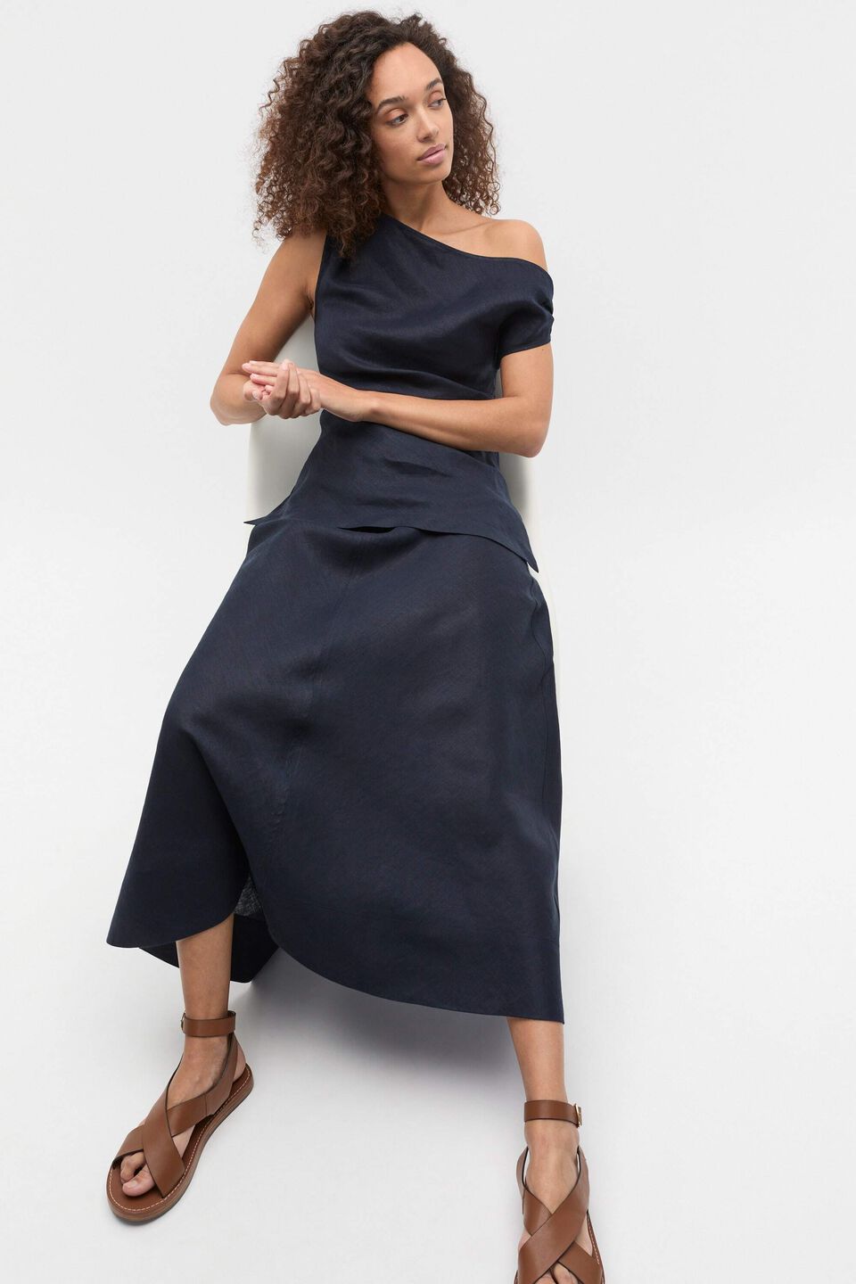 Linen Draped Shoulder Top  Twilight Blue