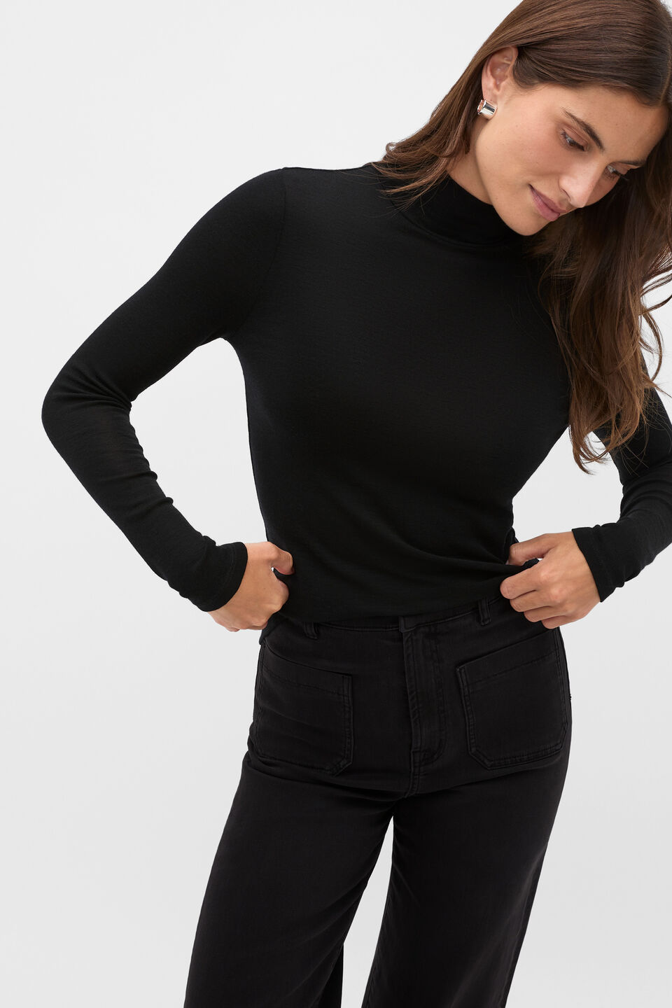 Australian Merino Mock Neck Top  Black