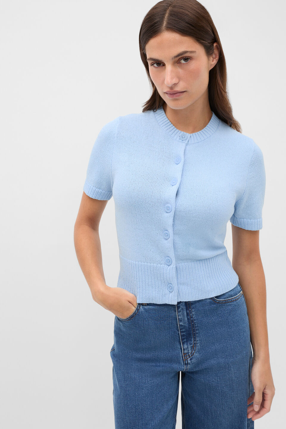 Textured Cotton Blend Cardigan  Soft Blue