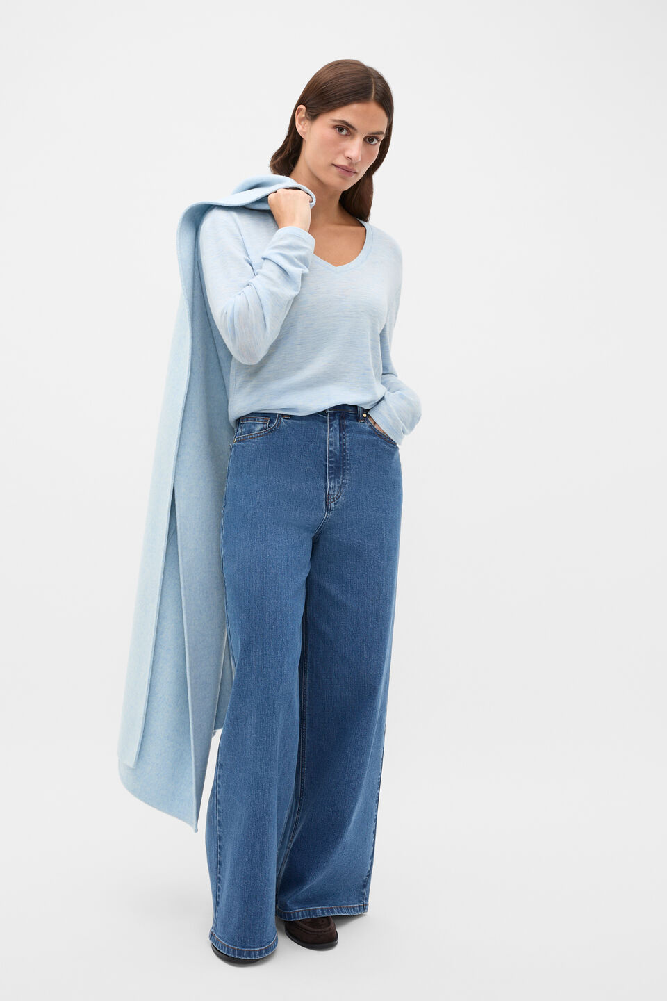 Australian Merino V Neck Top  Soft Blue Marle