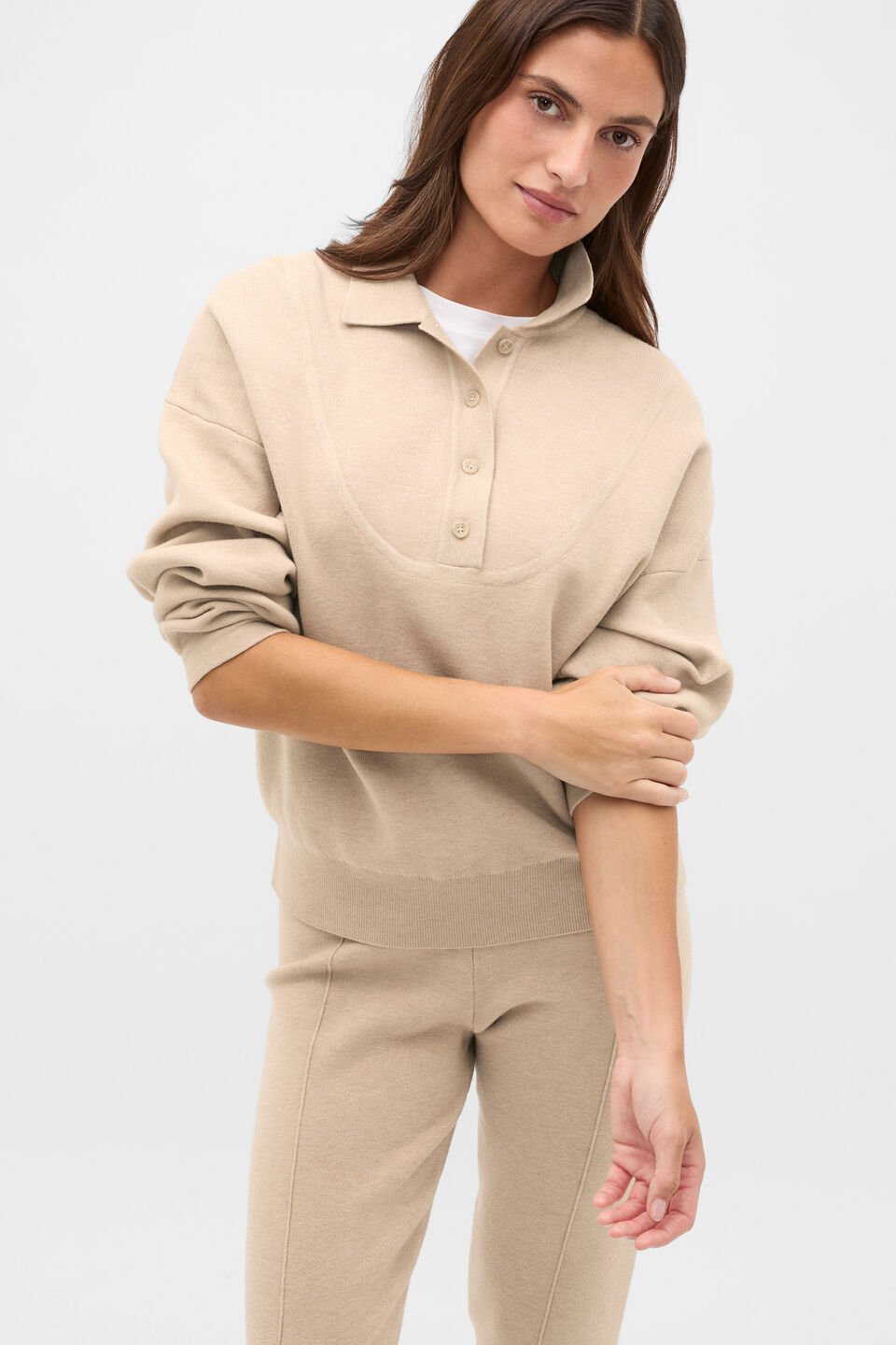 Double Knit Collared Sweater  Sandstone Marle