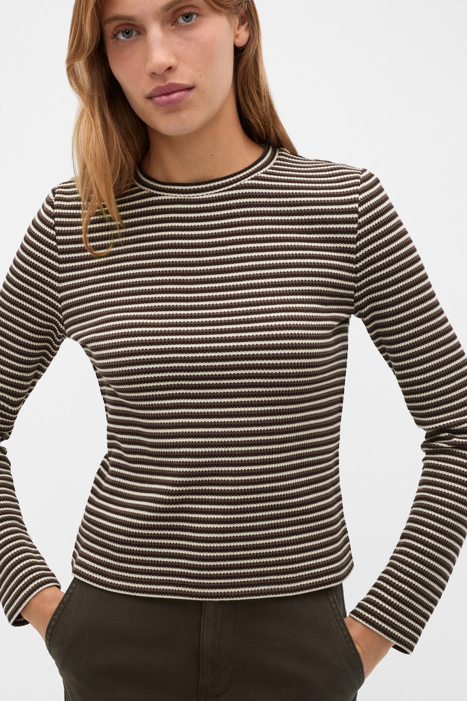 Textured Waffle Crew Neck Top  Coffee Bean Stripe