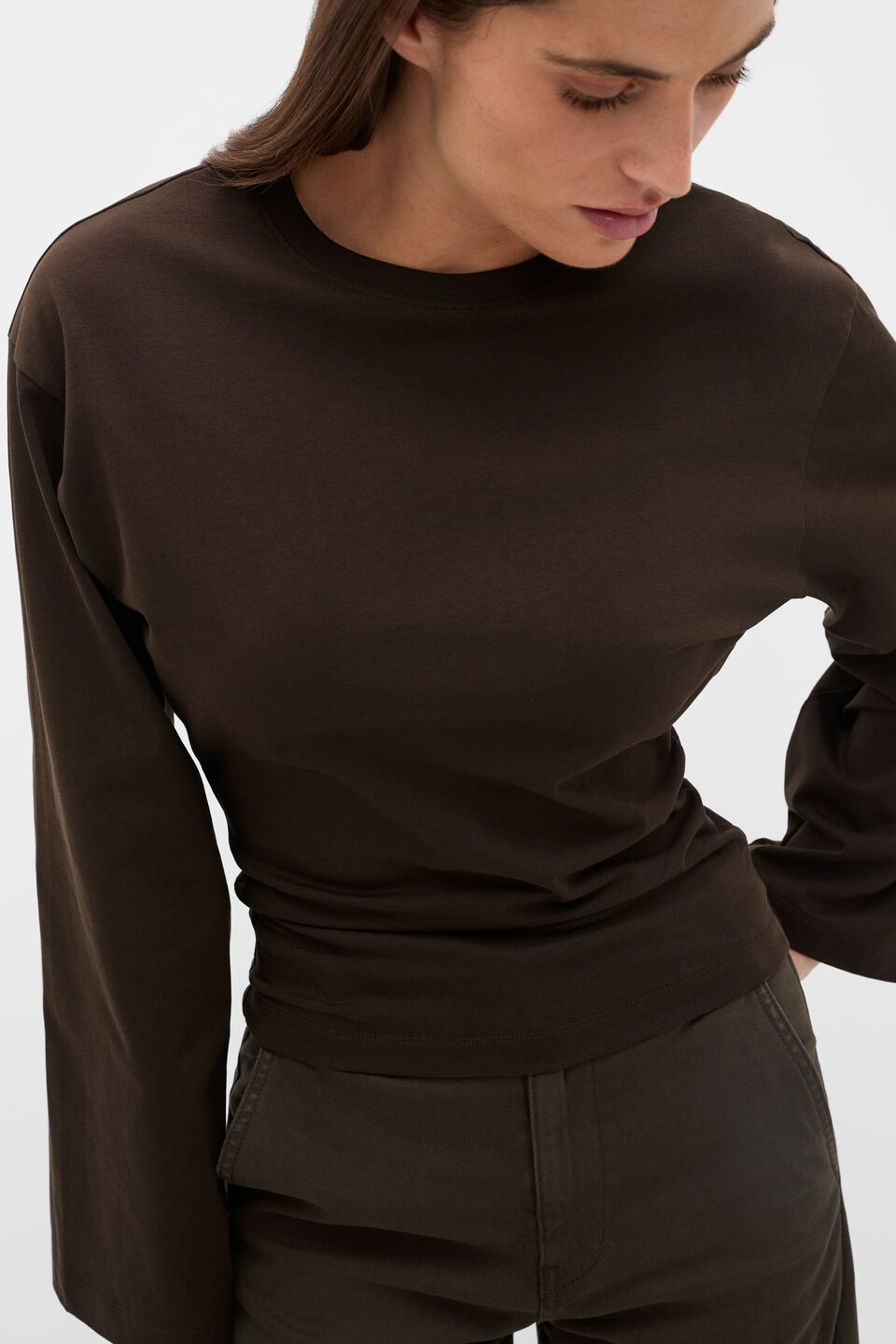 Cotton Long Sleeve Waisted Top  Coffee Bean