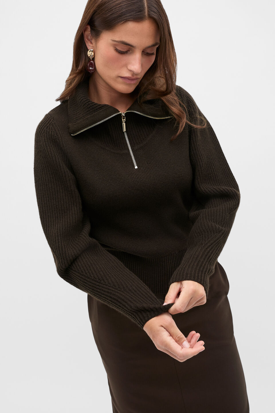 Zip Through Funnel Neck Knit  Coffee Bean
