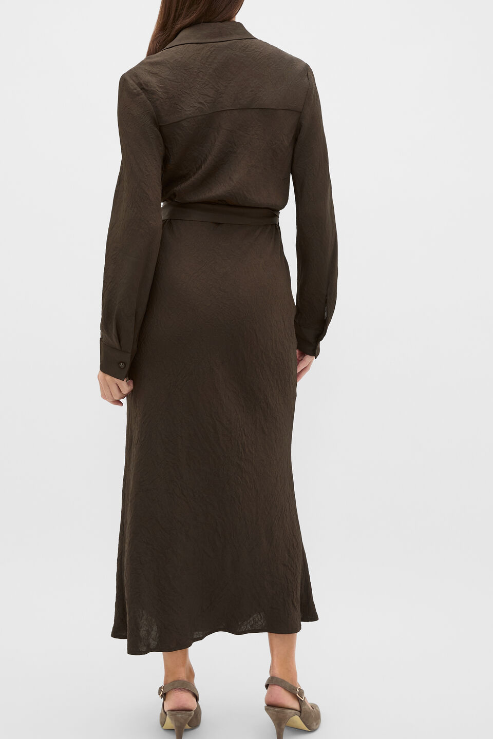 Textured Satin Wrap Shirt Dress  Coffee Bean
