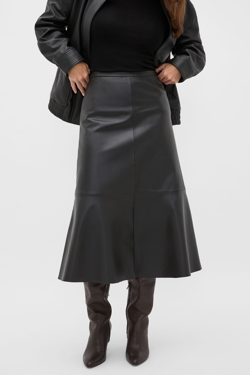 Leather Midi Split Front Skirt  Black