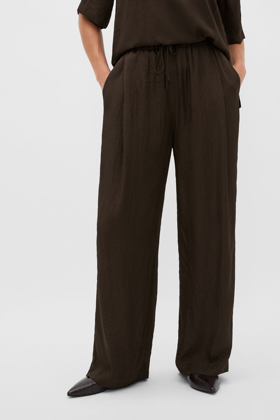 Textured Satin Straight Leg Pant  Coffee Bean