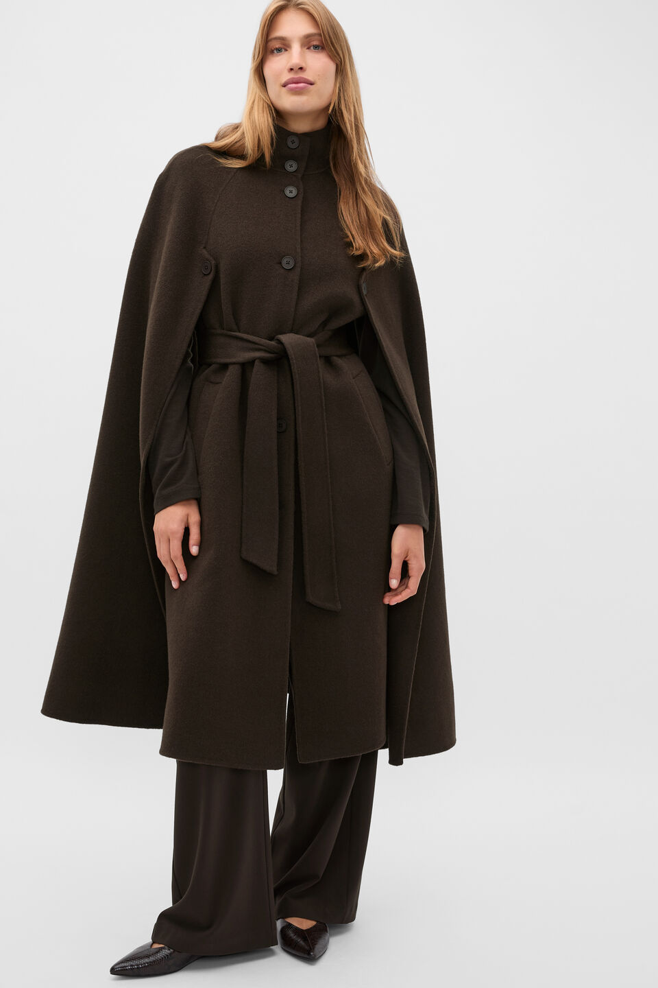 Wool Blend Cape Coat  Coffee Bean