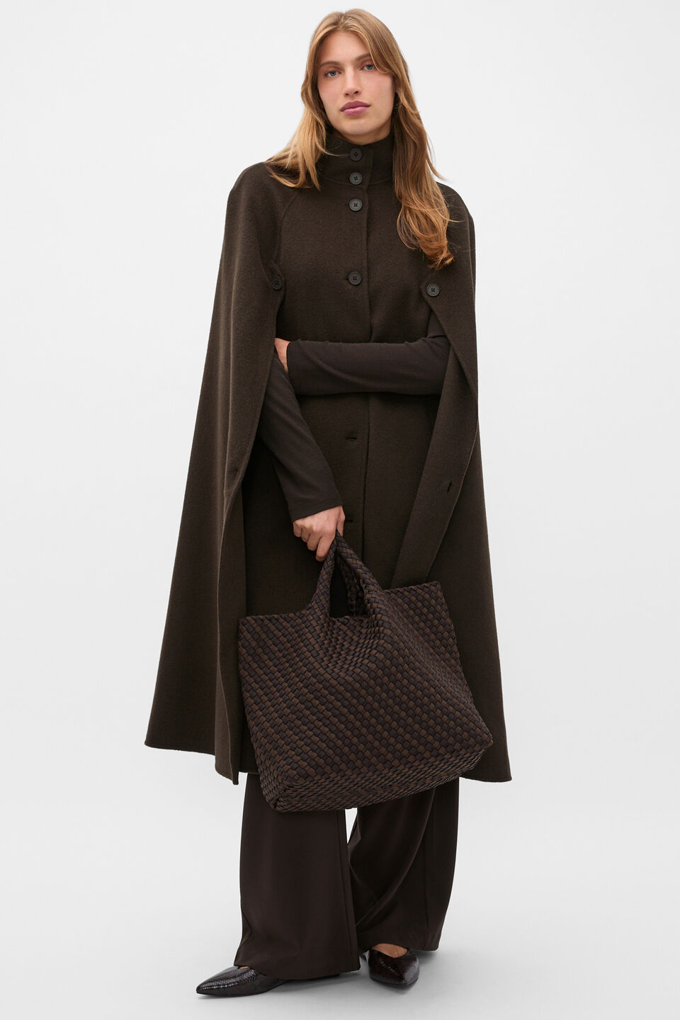 Woven Textured East West Tote  Coffee Bean