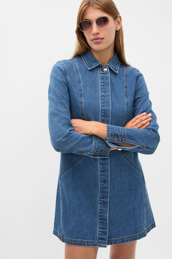 Denim Longsleeve Mini Dress  Mid Indigo Denim  hi-res