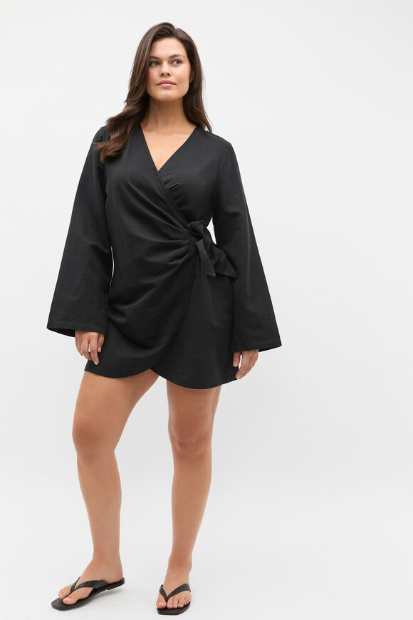 Tie Waist Wrap Mini Dress  Black  hi-res