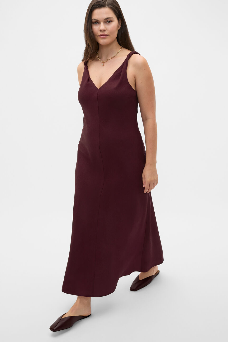 Linen Twist Shoulder Maxi Dress  Plum Red