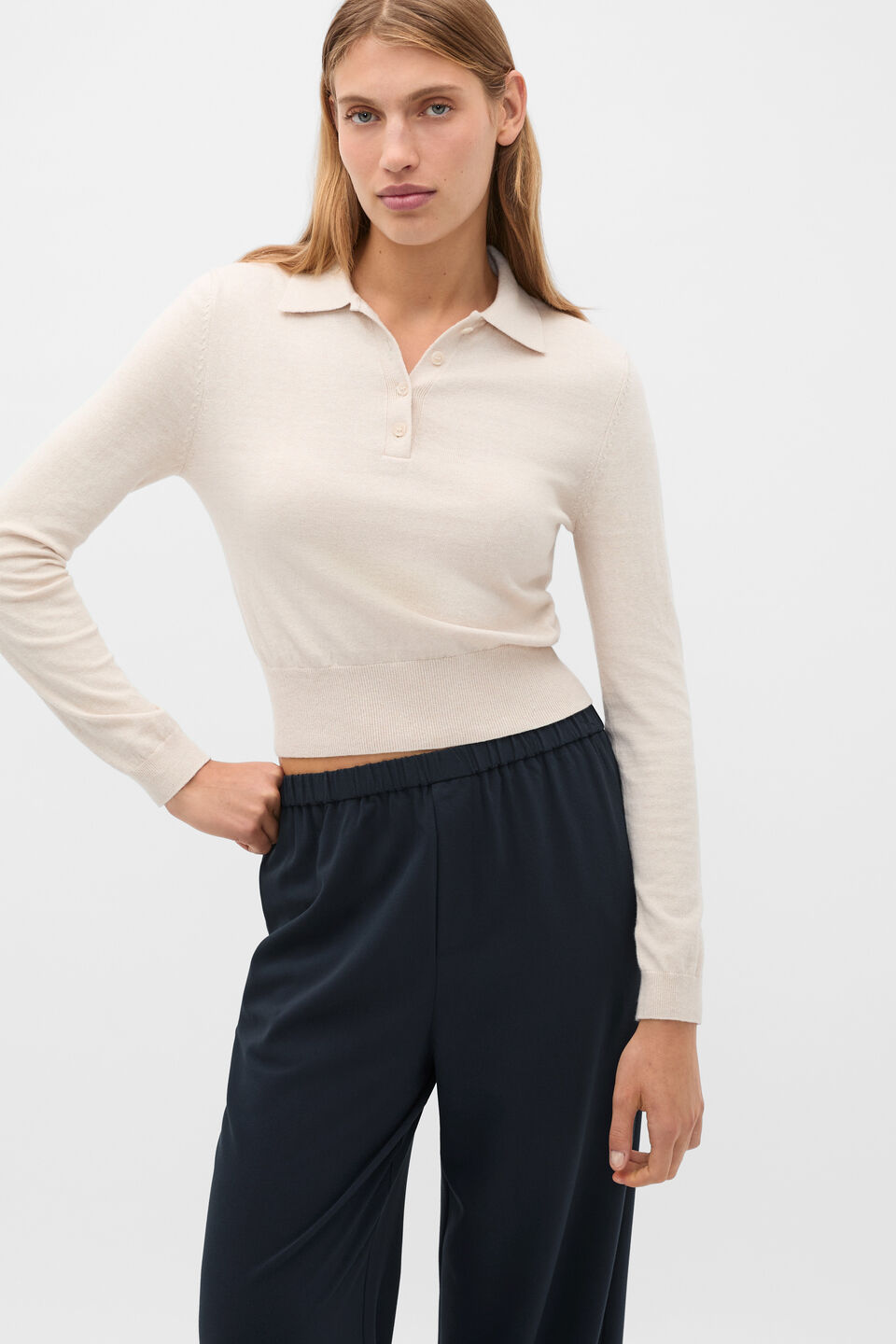 Cotton Blend Polo Knit  Vanilla Cream Marle