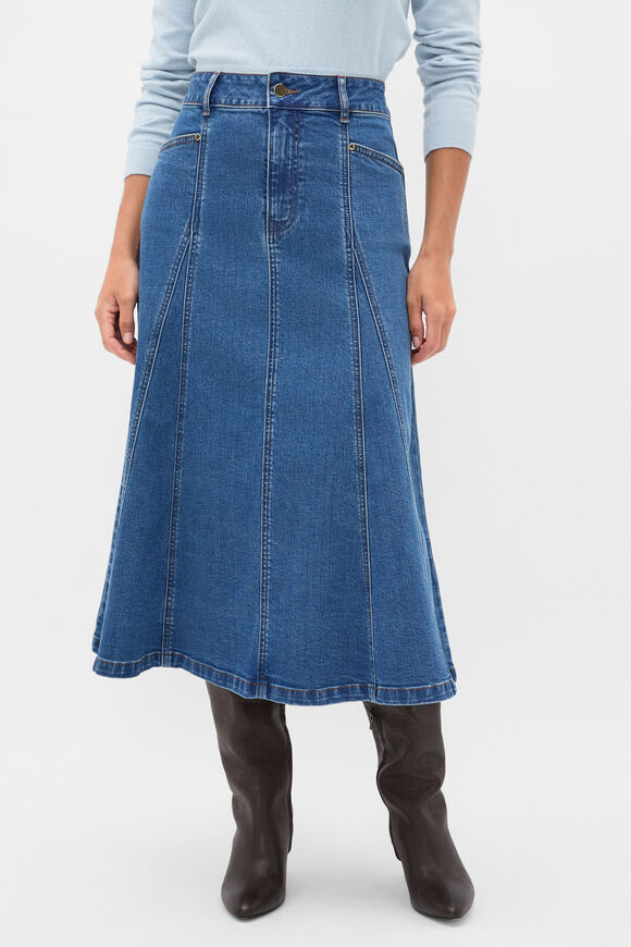 Denim Panelled A Line Skirt  Mid Indigo Denim  hi-res