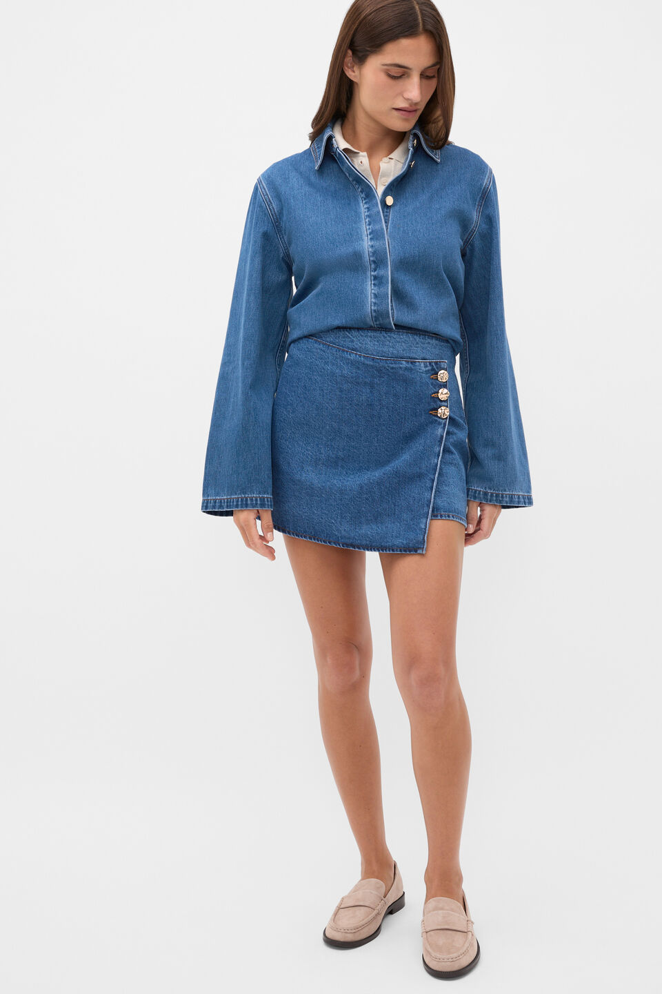 Denim Wrap Mini Skirt  Mid Indigo Denim