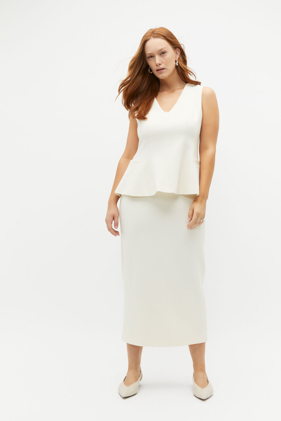 Wool Crepe V Neck Top  Cloud Cream