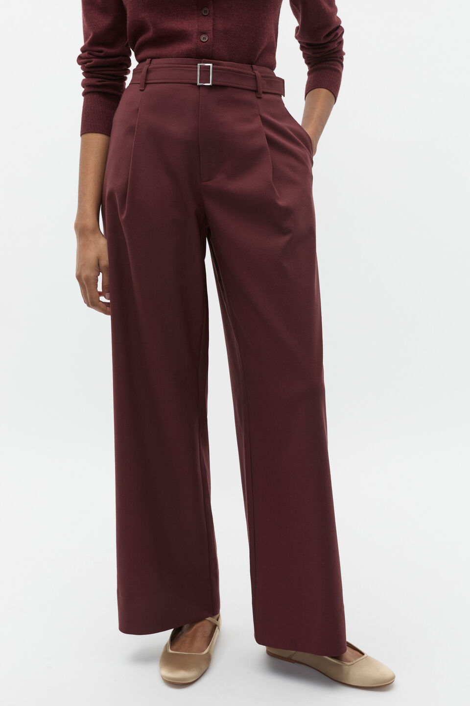Belted Pleat Trouser  Merlot