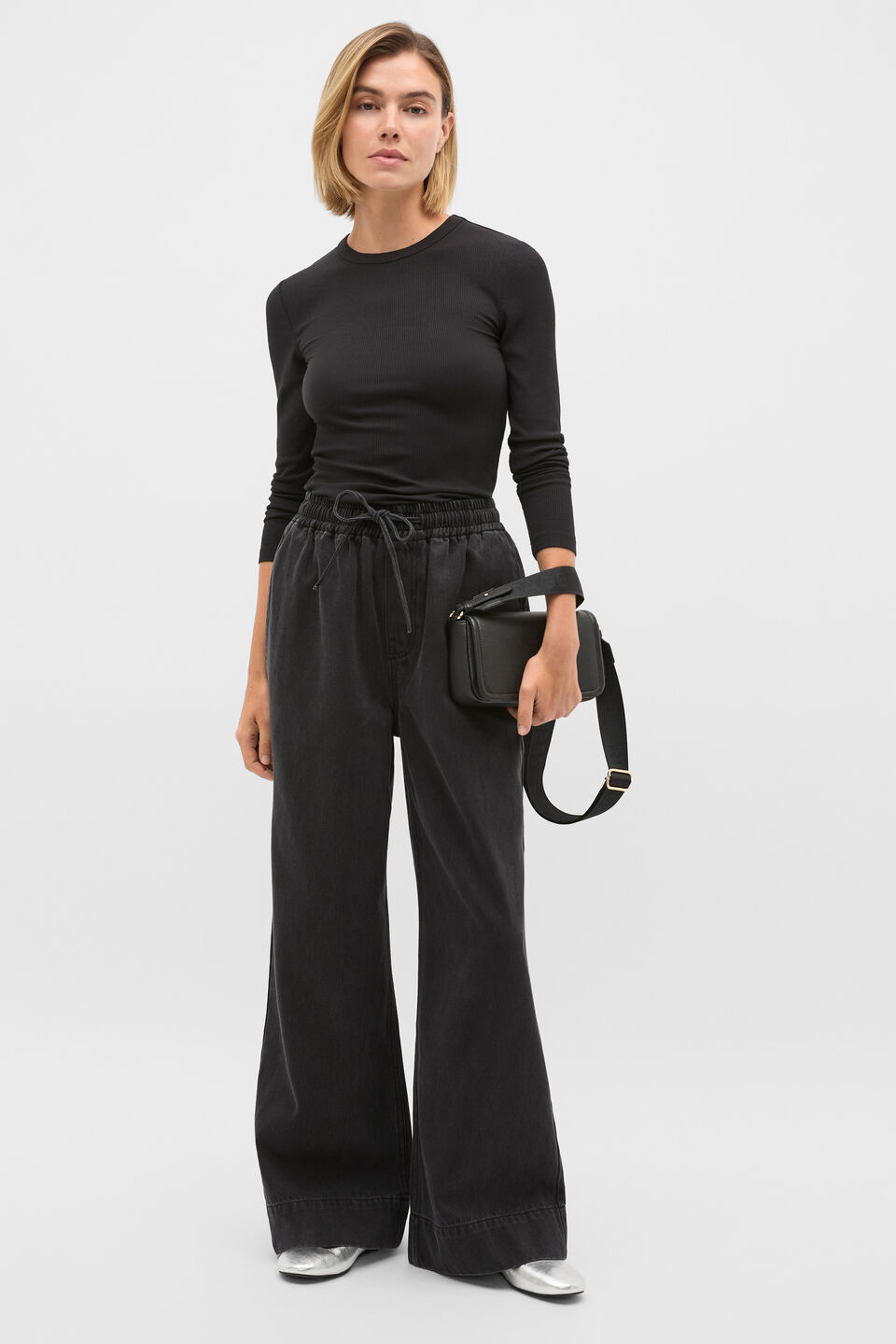 Elasticated Wide Leg Jean  Washed Black