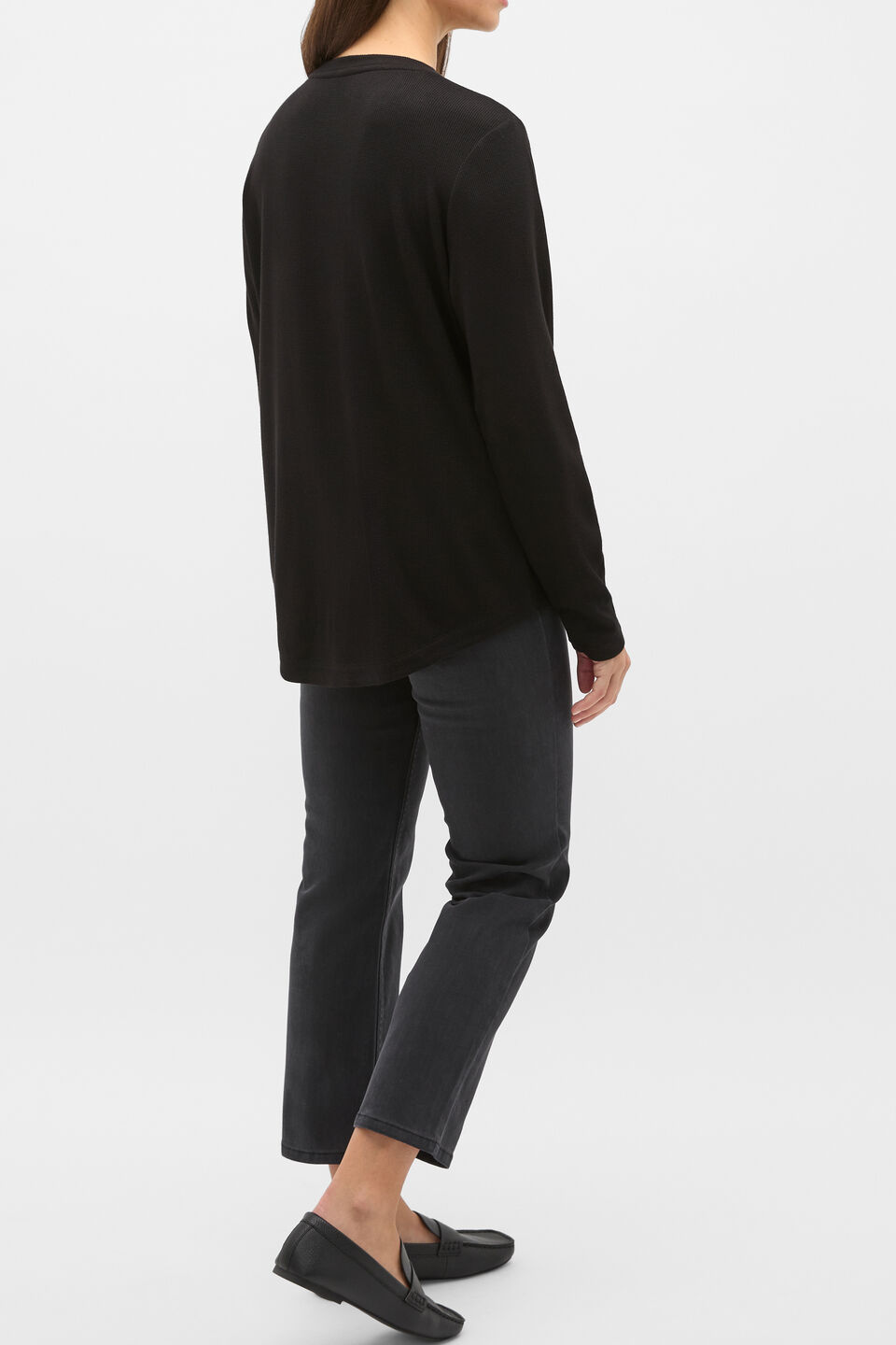Micro Waffle Crew Neck Top  Black