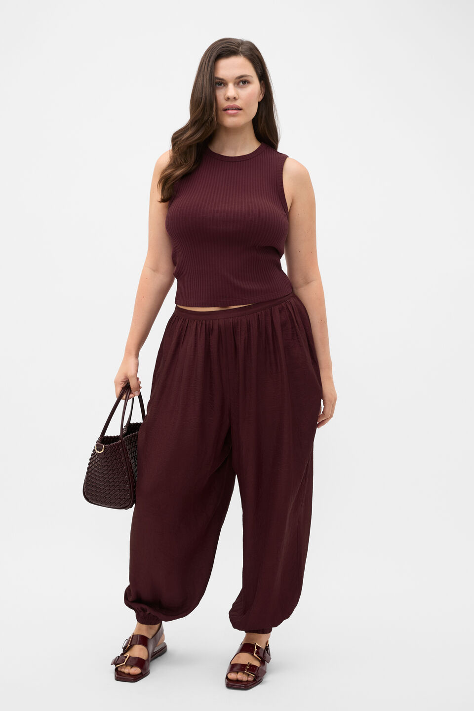 Textured Satin Harem Pant  Plum Red