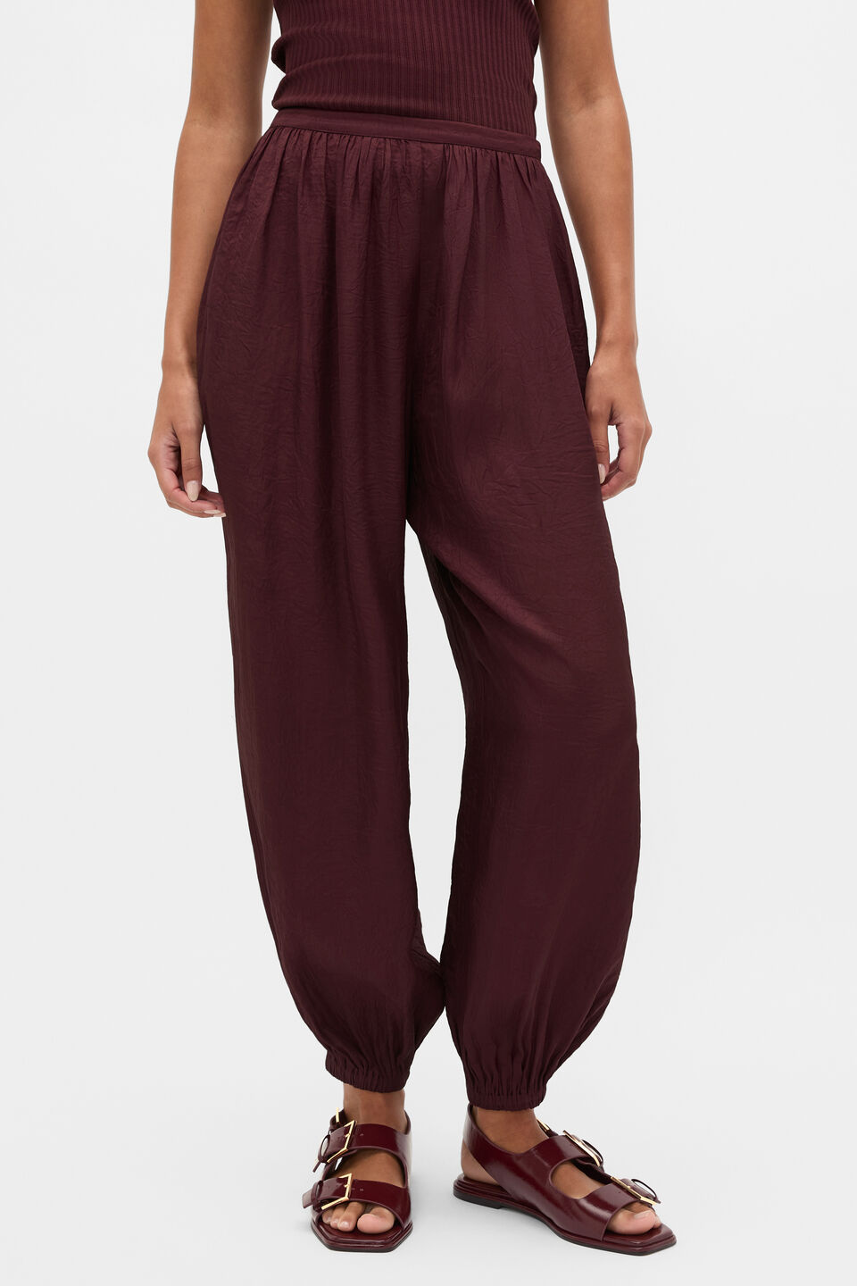 Textured Satin Harem Pant  Plum Red