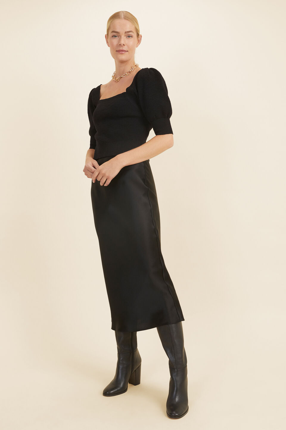 Boucle Puff Sleeve Top  Black