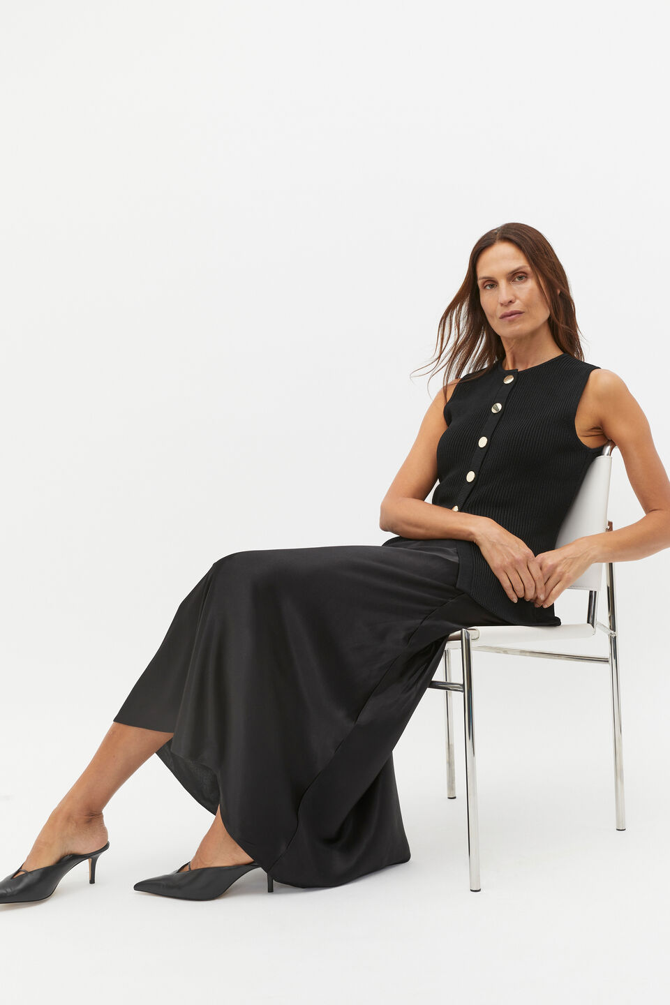 Crepe Rib Button Down Vest  Black