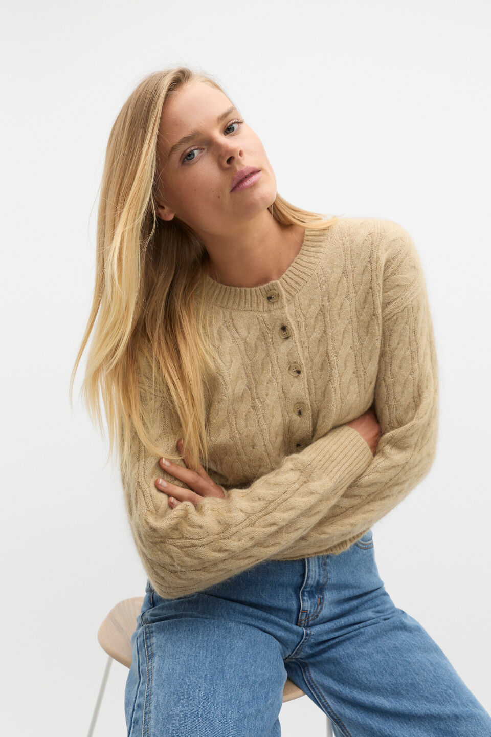 Cable Cropped Button Cardi  Cashew Marle