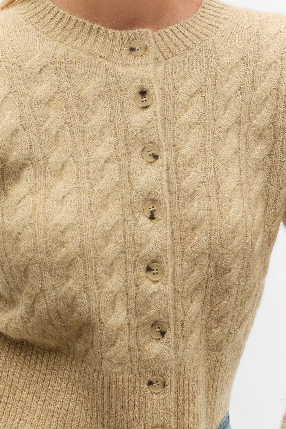Cable Cropped Button Cardi  Cashew Marle