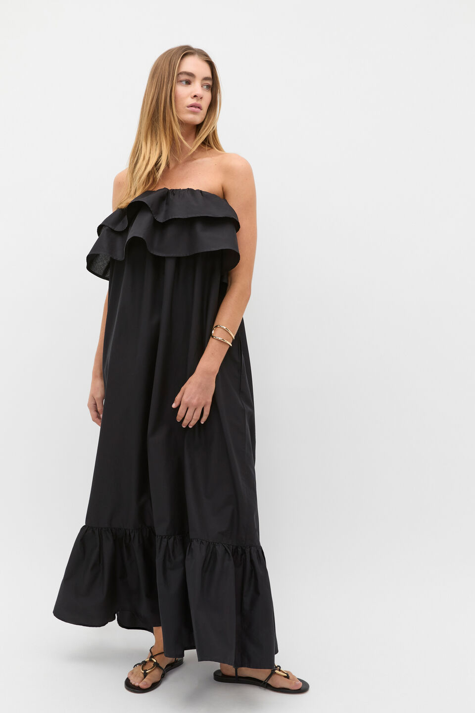Voile Strapless Ruffle Maxi Dress  Black
