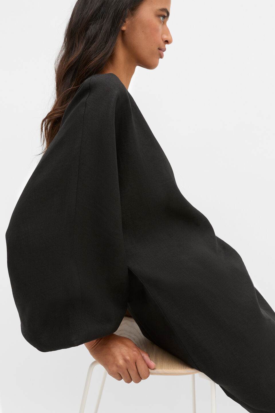 Linen Blouson Sleeve Dress  Black