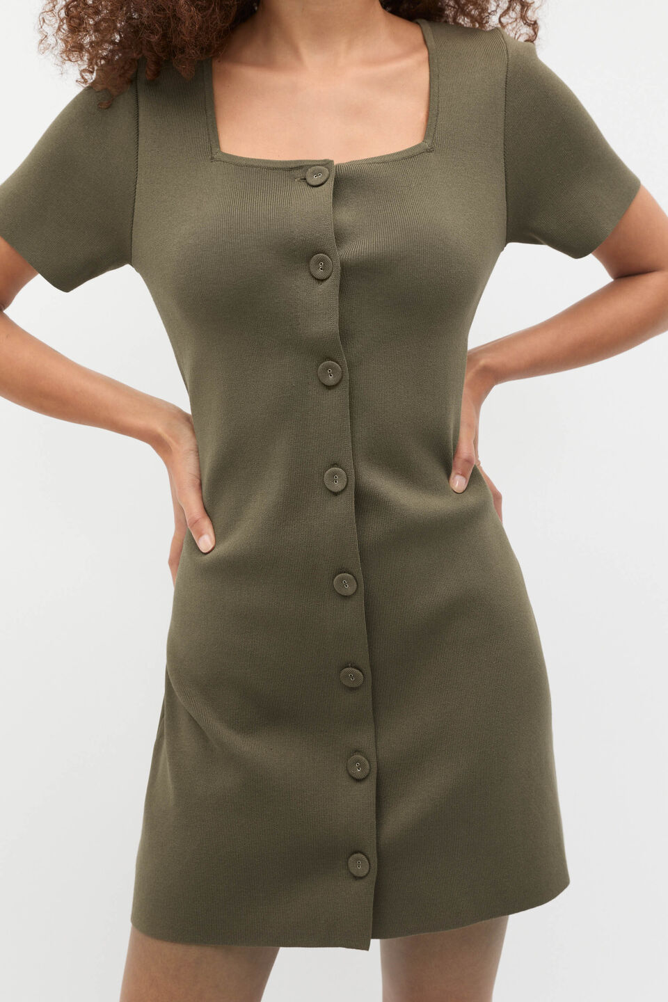 Crepe Knit Short Sleeve Mini Dress  Olive Leaf