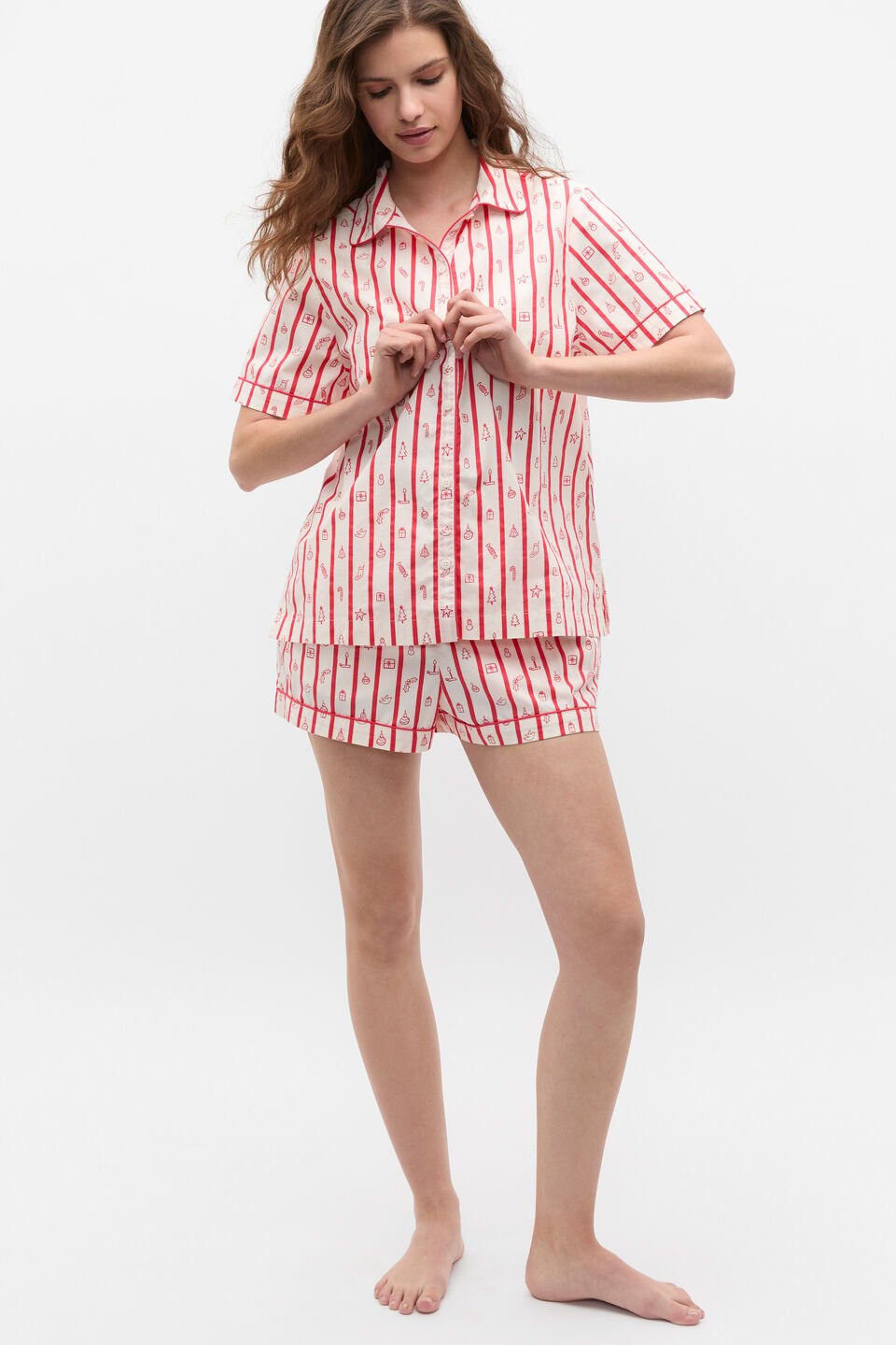 Christmas Stripe Shirt and Short PJ Set  Vintage Cream