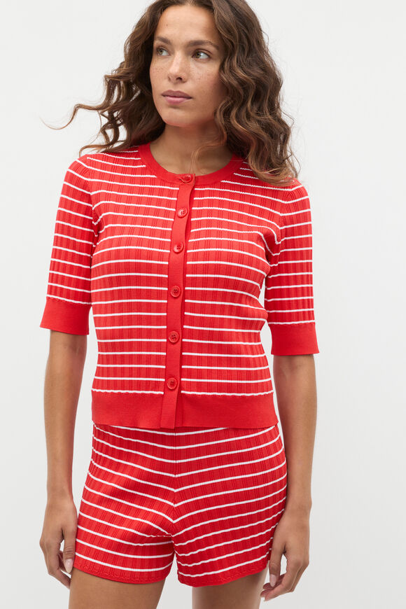 Stripe Rib Knit Short Sleeve Cardigan  Electric Crimson Stripe  hi-res