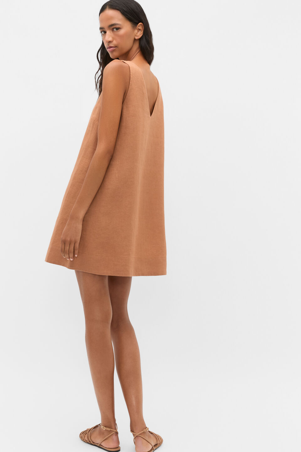 Linen V Neck Mini Dress  Copper