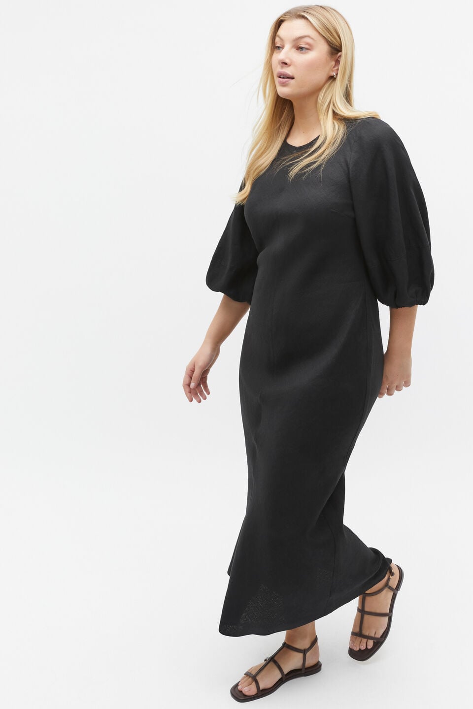 Linen Balloon Sleeve Slip Maxi Dress  Black