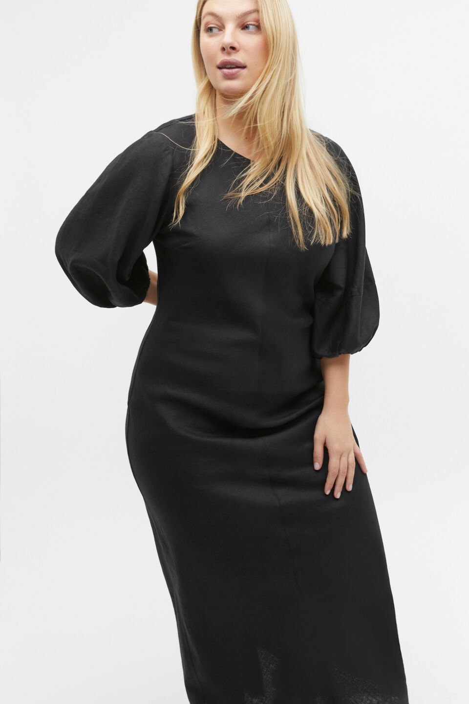Linen Balloon Sleeve Slip Maxi Dress  Black