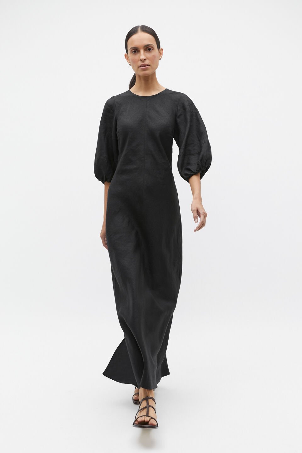 Linen Balloon Sleeve Slip Maxi Dress  Black