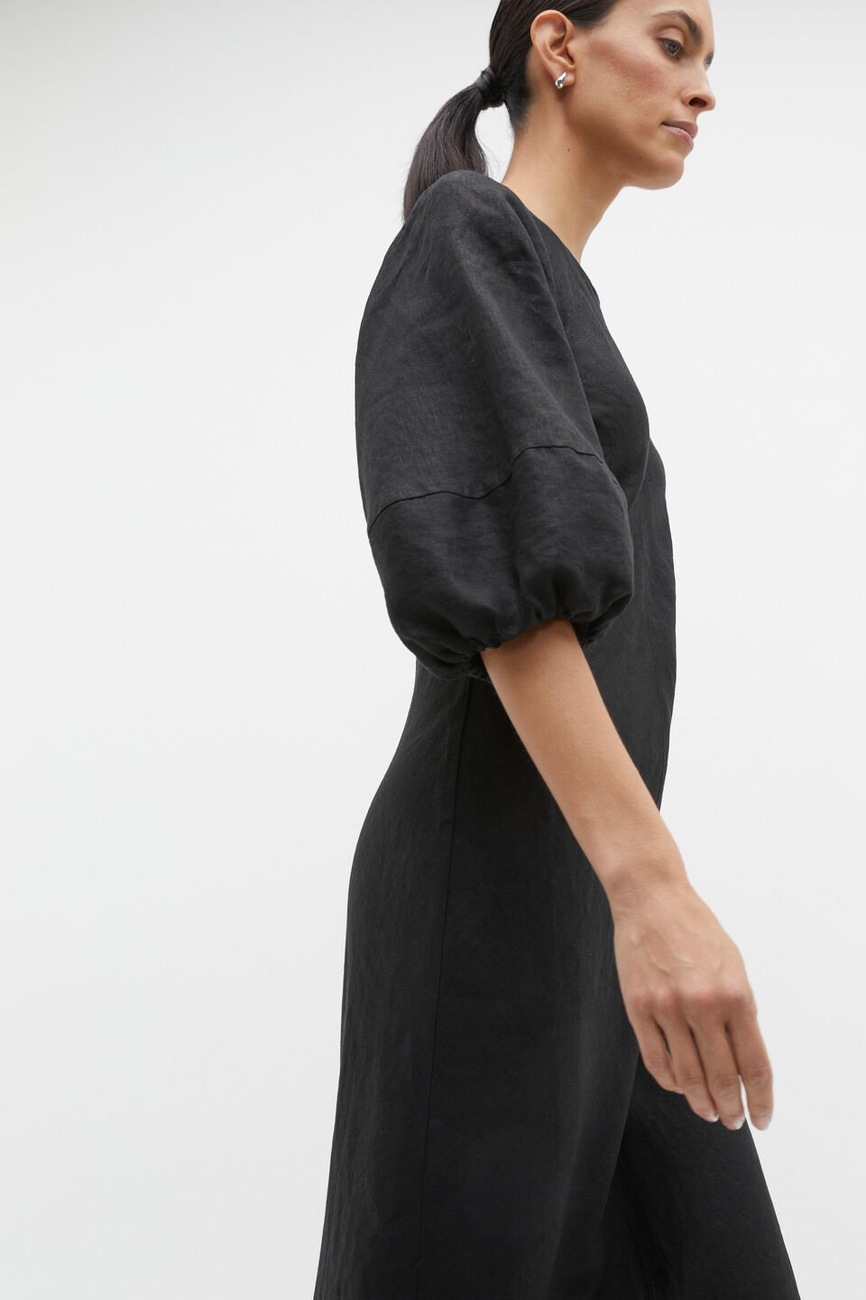 Linen Balloon Sleeve Slip Maxi Dress  Black