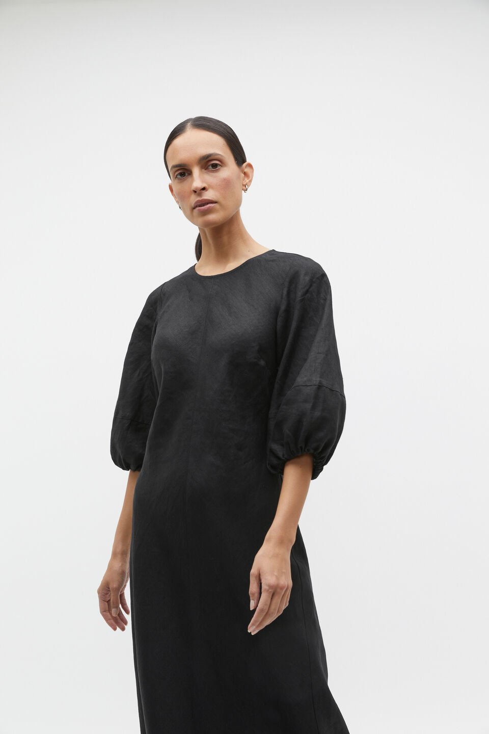 Linen Balloon Sleeve Slip Maxi Dress  Black