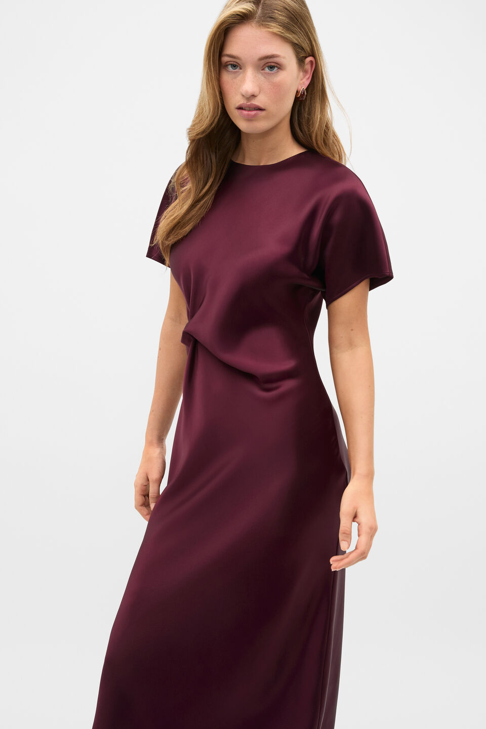Satin Knot Front Dress  Plum Red