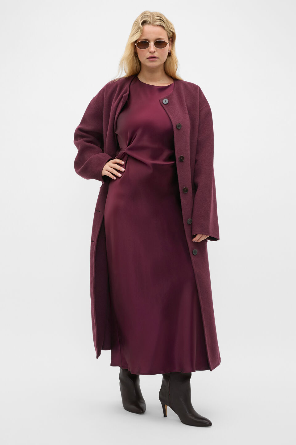 Satin Knot Front Dress  Plum Red