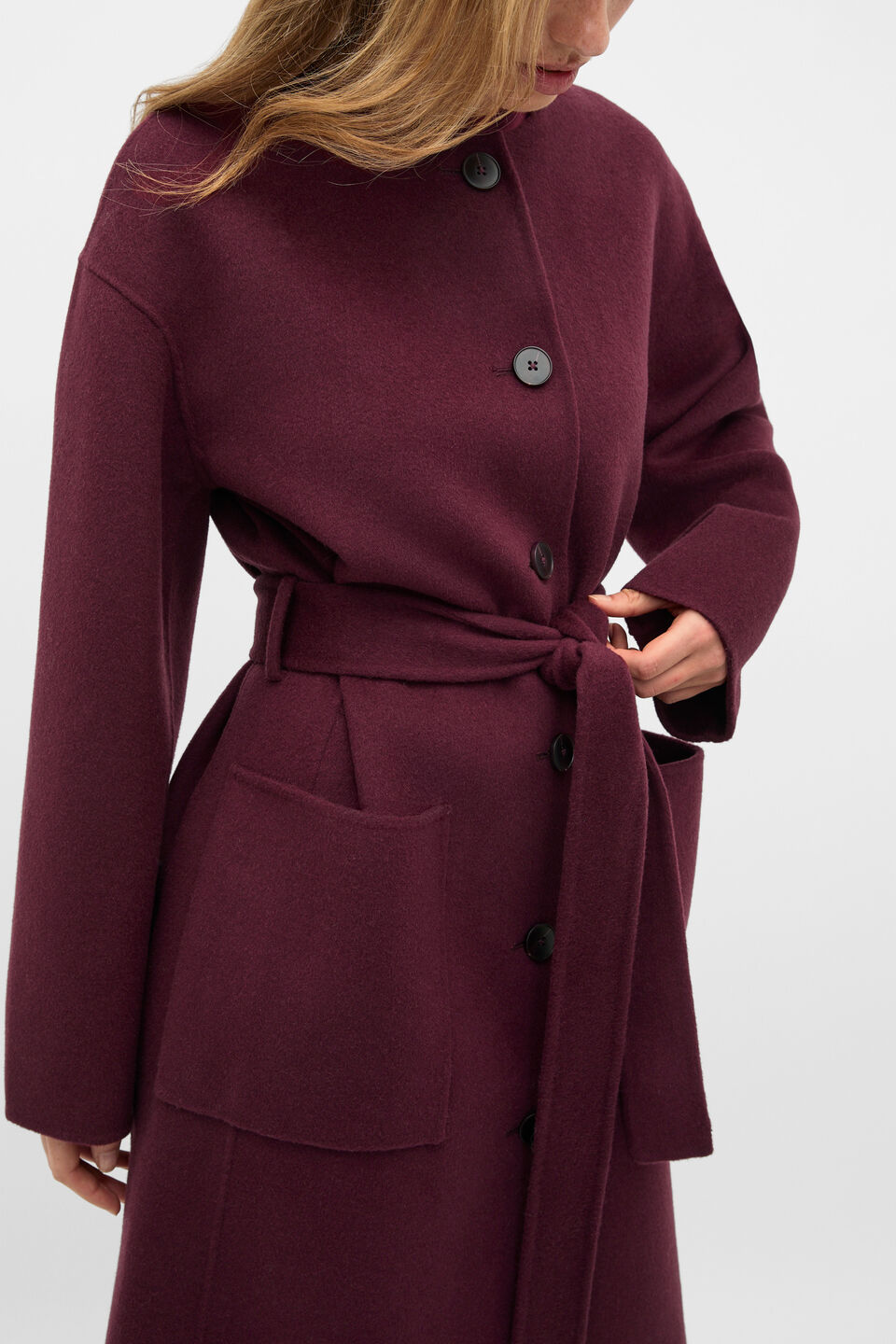Wool Blend Collarless Coat  Plum Red