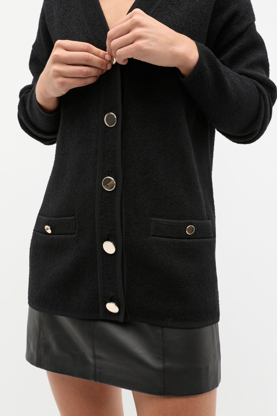 Boucle Knit Pocket Slouch Cardigan  Black