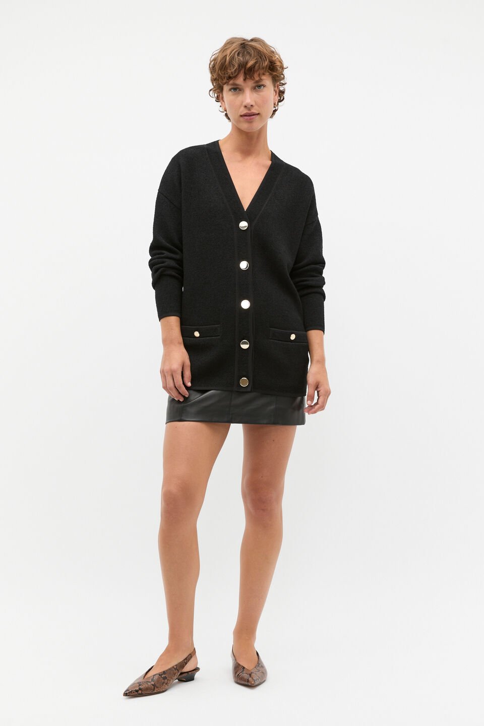 Boucle Knit Pocket Slouch Cardigan  Black